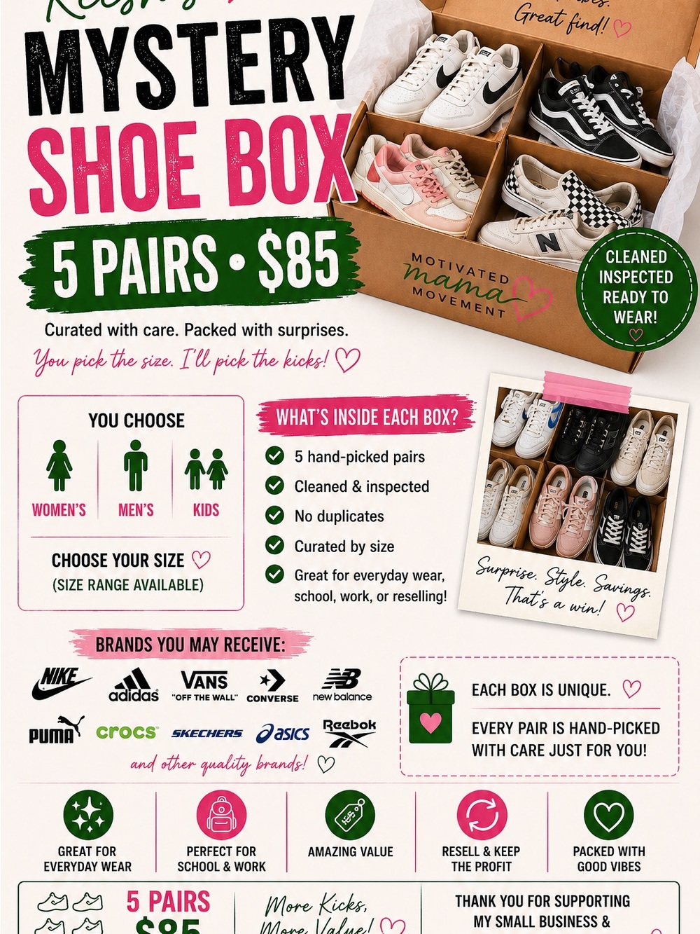Mystery Shoe Box 5 Pairs Sneakers Women’s Mens Kids Curated Surprise Bundle READ